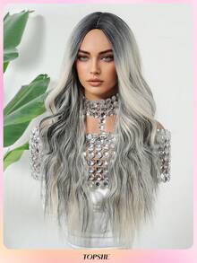 TOPSHE 26 Inch Ombre Gray Long Wavy Synthetic Wig For Women, Middle Part Fluffy Curly Hair, Suitable For Daily, Party, Cosplay, Fashionable & Romantic - Gray Ombre - View 3