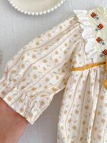 Spring New Baby Girl Vintage Floral Bodysuit, Lace Embroidery Round Neck Long Sleeve Bow Bodysuit - Ginger - View 4