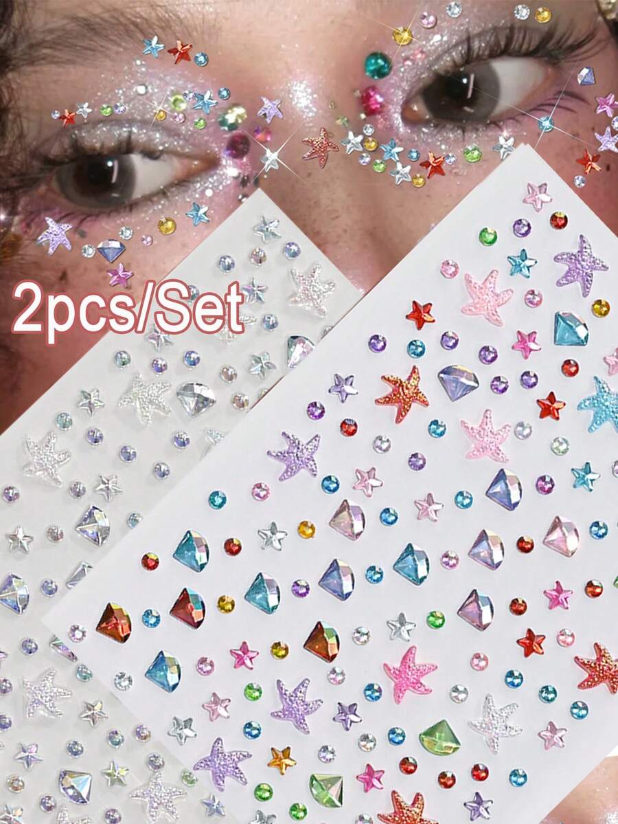 2件/套 彩色极光3D立体水晶水钻，海星水滴宝石钻石美人鱼宝石贴纸，适用于化妆、身体彩绘、派对饰品 - 彩色 - 查看 1
