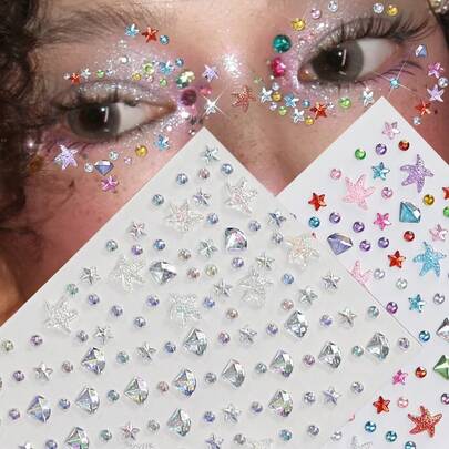 2件/套 彩色极光3D立体水晶水钻，海星水滴宝石钻石美人鱼宝石贴纸，适用于化妆、身体彩绘、派对饰品