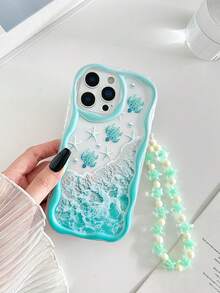Cream Wavy Edge Glossy Oil Seawave Sea Turtle Painted Anti-Drop Phone Case With Handmade Beaded Bracelet, Suitable For IPhone XR/7/8, 15 Pro Max, 13, 14, 11, Soft Case, Suitable For Galaxy S24, Galaxy S24+, Galaxy S24 Ultra, Galaxy S22, Galaxy A13 4G, Galaxy A52, A52s 5G, Galaxy A23, Galaxy A35, Galaxy A25, Galaxy A73, Note 11, 11 Lite - Multicolor - View 8