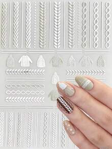 1 pieza Pegatina de uñas con textura de punto suave, elementos en relieve 3D de suéter y trenza, acabado plateado-blanco, fácil de aplicar, crea un ambiente acogedor, adecuado para uñas de otoño/invierno, pegatina decorativa de arte de uñas - Multicolor - Ver 1