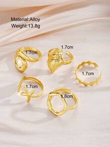 17KM 5pcs Boho Style Starfish & Seashell Design Ring Set, Suitable For Women, Couples, Sisters, Beach, Vacation, Date, Daily, Party, Wedding, Gift For Mom, Friend - Yellow Gold - View 6