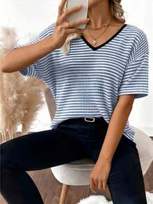 Plus Size Women's Striped Knit Short Sleeve V-Neck T-Shirt With Bow Decor On Back Casual Summer - Sky Blue - View 2