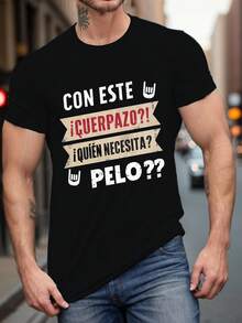 Camiseta de manga corta con estampado de letras negras para hombres de talla grande - Negro - Ver 1