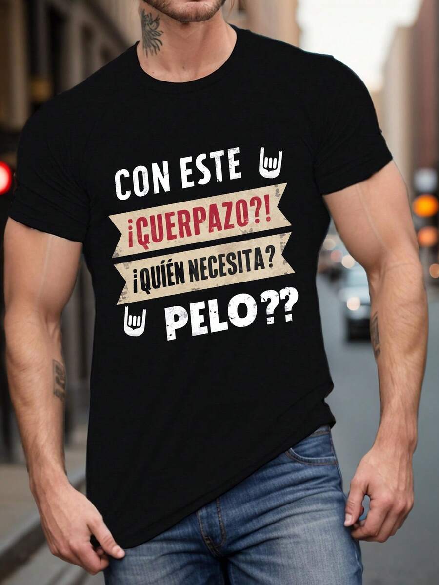 Camiseta de manga corta con estampado de letras negras para hombres de talla grande - Negro - Ver 1