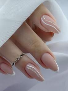 24pcs Short Almond-Shaped Nail Art Set, White Curved Lines Outline Dynamic Arches, Paired With Parallel Silver Glitter Thin Lines. Minimalist French White Edges + Silver Glitter Accents, Silver Glitter Lining On Nail Edges, Understated Yet Elegant. - Multicolor - View 2