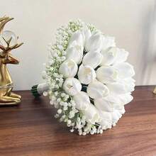 Realistic Touch, Suitable For Bride, Bridesmaid Wedding, White Calla Lily & Tulip Handmade Artificial Bridal Bouquet, Wedding Accessory - White - View 2