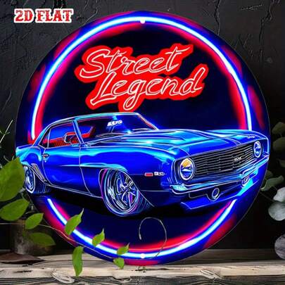 1 件 2D 平面圆形木质标牌 - 经典汽车霓虹灯蓝色发光木质墙饰，7.87x7.87 英寸无框木质装饰，适用于家居、车库、咖啡馆、餐厅、咖啡店装饰 | 复古汽车艺术 | 色彩鲜艳的设计，墙面装饰，预钻孔如图所示