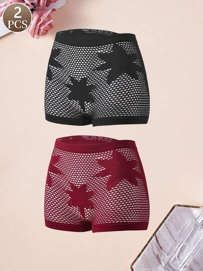 2条装女士平角三角裤 五角星图案镂空高腰半透明舒适内裤 柔软休闲运动平角三角裤