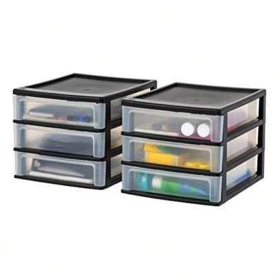 Organizador de escritorio apilable de plástico con 3 cajones, paquete de 2 unidades, para maquillaje, esmalte de uñas, baño, papelería, manualidades, cocina, oficina, garaje y pequeña organización, color negro y naranja