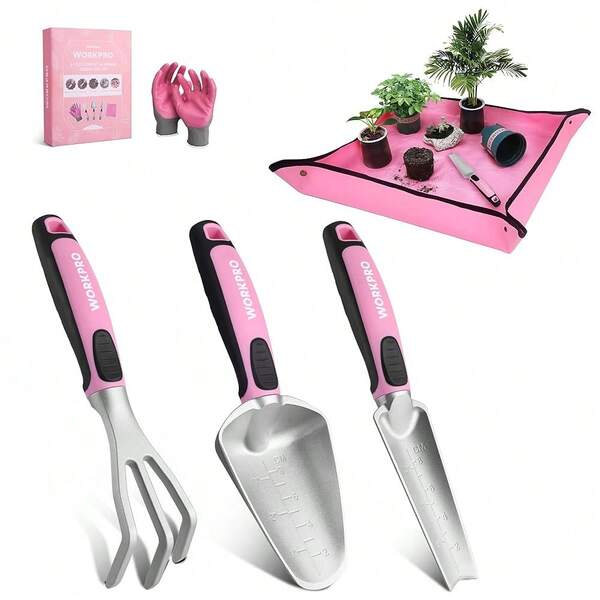 Garden Tool Set, Powder Coating Compact Aluminum Gardening Tool Set With Repotting Mat, Outdoor Garden Hand Tools, Ideal Gardening Gift, Pink Ribbon