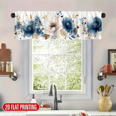 1Pc 2D Flat - Two-Dimensional Flat Printed Floral Design In Blue Valance Curtain, Made Of Polyester, Suitable For Holiday Curtains In Cafes, Living Rooms, Kitchens, And Bedrooms
