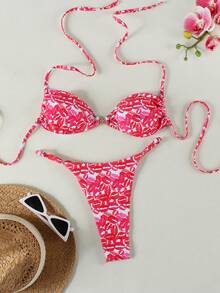 Women's Summer Beach Lip Print Halter Tie Sexy Date Party Bikini Swimsuit Set - Multicolor - View 2