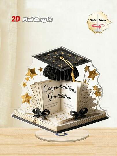 1 Bộ Trang Trí Để Bàn Xoay 360° 2D Mùa Tốt Nghiệp - Vật trang trí để bàn xoay có hình mũ tốt nghiệp, sách và cúp thành tích học tập. Quà lưu niệm bằng acrylic "Chúc mừng tốt nghiệp" - Món quà nhỏ lý tưởng cho các bữa tiệc tốt nghiệp, các buổi họp mặt theo chủ đề và lễ kỷ niệm sinh nhật.