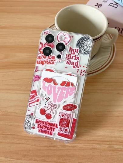 Retro Sweet Cherry Heart Phone Case With Card Slot Compatible With IPhone 11/17/17pro/13/14/15/15pro/15 Plus/15 Promax/16/16pro/16plus/16promax/7plus/8plus/X/Xs Max/Xr/17Air/12pro/13pro/14pro/17Promax/13mini/11promax/12promax/13promax/14promax/14plus/6/6s/6plus/7/8/Se/17proMax Transparent Card Holder Protective Cover