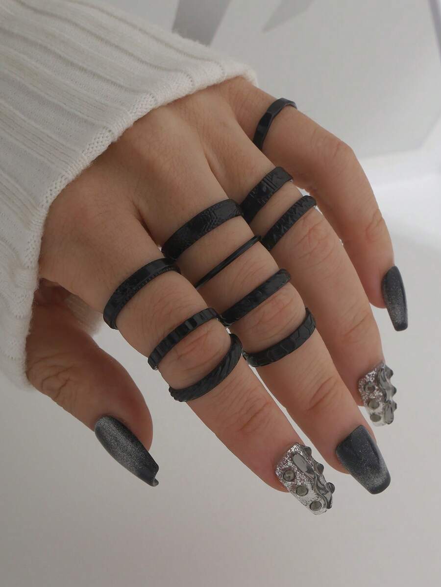 10pcs Punk Style Rings Set, Minimalist Black Plain Rings, Accessories For Women - Black - View 1