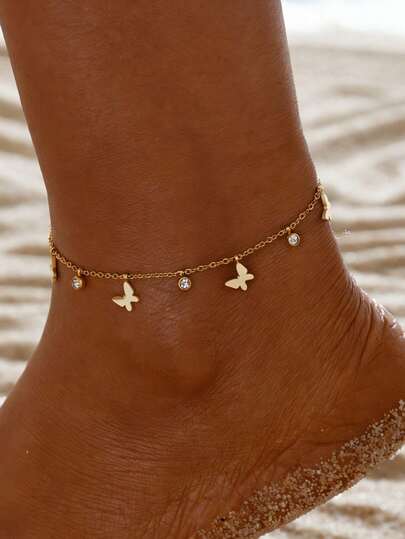 1pc Butterfly Rhinestone Stainless Steel Anklet, Elegant Chic Fashion, Suitable For Women's Daily Wear And Beach Vacation