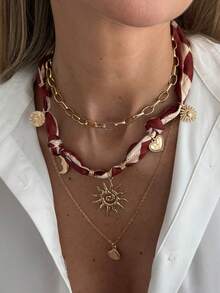 3pcs/Set Bohemian Style Fabric Tie Geometric Chain, Star, Moon, Flame, Sun, Scallop Pendant Necklace Set, Elegant Luxury Jewelry For Wedding, Party, Beach, Daily Casual, Street Snap, Women & Couples Gift - Necklace - View 4