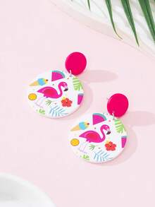 1 Pair Summer Beach Vacation Cute Flamingo Print Enamel Faux Ceramic Texture Fashion Jewelry Earrings, Perfect Gift For Daily Wear And Parties - Multicolor - View 3