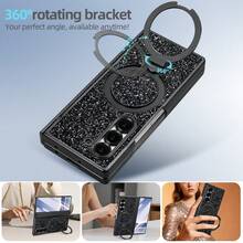VIETAO 亮片、钻石时尚高品质闪亮电镀隐藏式圆形支架手机壳，兼容三星Galaxy Z Fold 7 6铰链全包保护手机壳，带钢化玻璃屏幕保护膜 - 黑色 - 查看 3