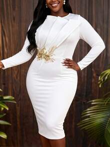 Đầm dạ hội dài tay cổ tròn màu trắng thêu hoa 3D dành cho nữ, thanh lịch, thích hợp cho tiệc cocktail, dạ hội bán chính thức, lễ tốt nghiệp, tiệc năm mới, sinh nhật, dự đám cưới, lễ tốt nghiệp, tiệc tối, họp mặt, mùa thu/đông xuân. - trắng - Xem 3