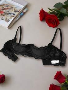 1pc Women's Black Sexy Lace Trim Semi-Cup Bra Underwire With Adjustable Straps Comfortable Lingerie Super Sexy Hot Nightwear Couple Play - 黑色 - 查看 6