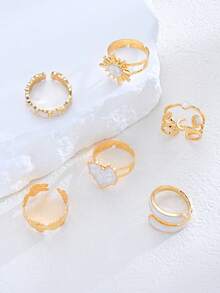 Bộ 6 chiếc nhẫn đơn giản & thời trang kiểu cổ điển hình trái tim giọt dầu và hoa hướng dương, thích hợp cho nữ, các cặp đôi, đi nghỉ mát, hẹn hò, mặc hàng ngày, dự tiệc, đám cưới, làm quà tặng cho mẹ, bạn bè. - Vàng - Xem 5