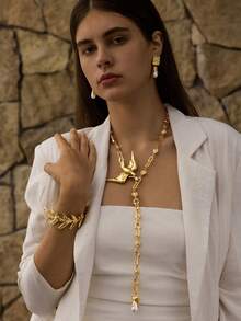 Collar largo Opalesca para mujer, prenda de vestir, estilo vintage, con cuentas, accesorio de boda/nupcial, estilo hada, perla, flor, temporada otoño/invierno, adecuado para mamá/mujer/niña/madre, elegante, de alta gama - Dorado - Ver 3