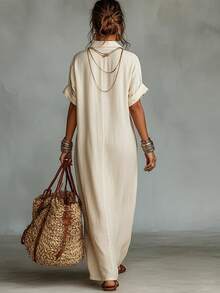Beige Dark V-Neck Brown Plant Embroidery Linen Shirt Style Long Skirt Women's Lapel Rolled Edge Short Sleeved Loose A-Line Version Bohemian Vacation Casual Style Beach Daily Wear - 象牙白 - 查看 3