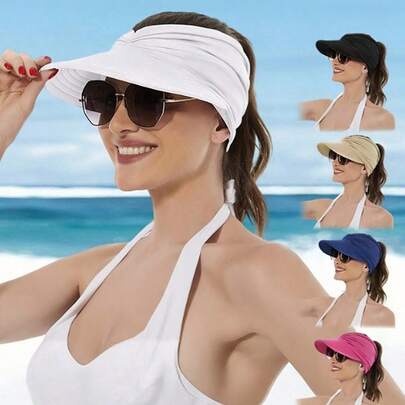 1pc Summer Beach Sun Hat, Ponytail Hole Visor Cap, Outdoor Sports UV Protection Sun Hat