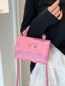 Fashion Solid Color Handbag, Casual Crease Flap Small Square Bag With Bowknot Metal Hardware Lock Closure, Tote Shoulder Crossbody Bag, Spring/Summer New - Pink - View 7