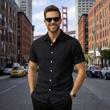 Italian Collar Shirt Short Sleeve Slim Fit Casual - 黑色 - 查看 1