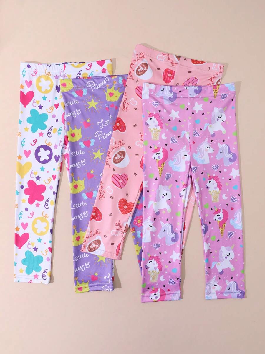 4 peças Leggings com Estampa de Unicórnio para Meninas, Calças Justas com Estampa de Pônei Arco-íris, Calças 3/4 Confortáveis, Adequadas para Uso Diário, Primavera/Verão - Multicolorido - Visão 1
