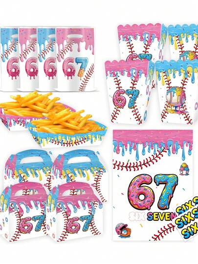 一套“脑溶解67”主题食品礼盒/派对礼袋，适用于薯条、炸鸡和其他零食，也适用于婚礼烘焙用品、电影院零食容器和其他派对用品。