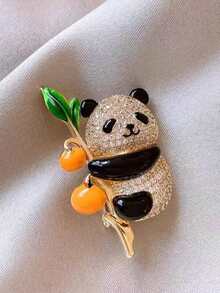 1 pieza Elegante broche de panda con estilo chino nuevo, totalmente cubierto de diamante de imitación, accesorio de moda exquisito y de alta gama para decoración de mujer - Dorado - Ver 1