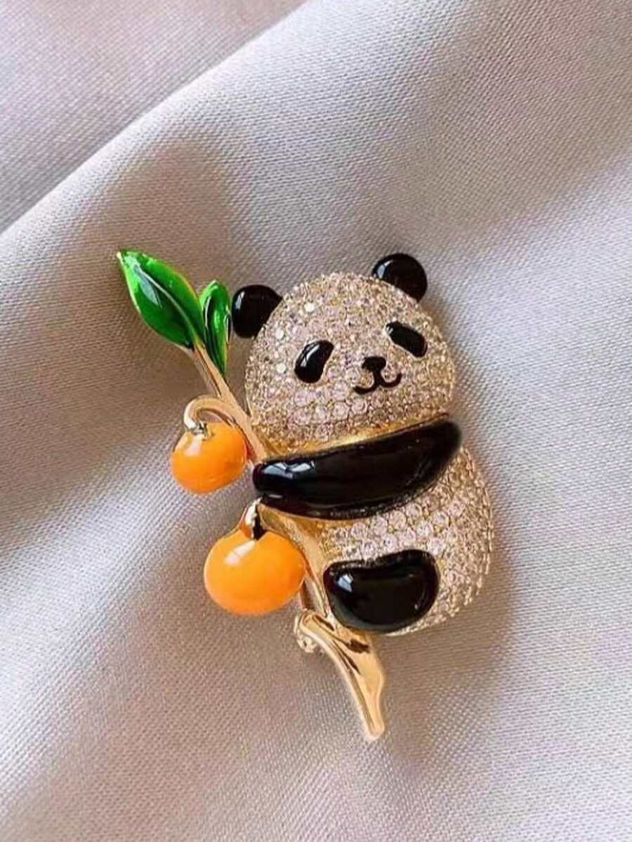 1 pieza Elegante broche de panda con estilo chino nuevo, totalmente cubierto de diamante de imitación, accesorio de moda exquisito y de alta gama para decoración de mujer - Dorado - Ver 1