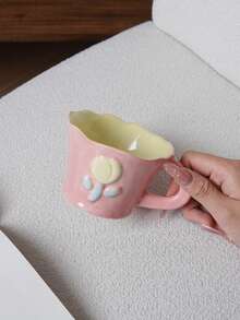 1pc 220ml Ceramic Coffee Cup With Embossed Floral Design Minimalist Asymmetric Rim Mug Pink Checkered Pattern With Blue Stripes Suitable For Home Decor Tableware Coffee Shop Latte And Milk Cup Summer Party Beverage Cup Giftware - Multicolor - View 15