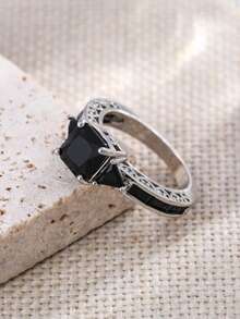 优雅银色时尚戒指，公主切割黑色立方氧化锆，适合女士佩戴，订婚结婚首饰 - 黑色 - 查看 12