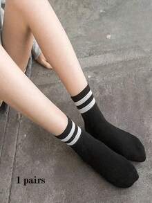 男女通用双条纹棉质中筒袜 - 优质韩版白色中筒袜，春秋季休闲运动及商务情侣袜 - 彩色 - 查看 17