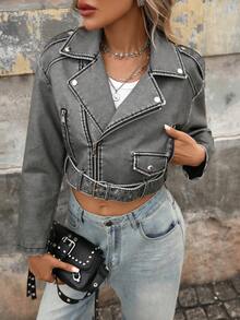 Women's Faux Leather Cropped Jacket Lapel Zipper Biker Short Bomber Moto Coat With Belt - Faded Gray - View 9