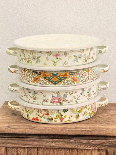 إناء بشكل ضحل مستدير + مقبض قوي مقاوم للحرارة + سهل التنظيف ومتين + حفظ الطعام ومحافظ على الحرارة + إناء مينا قديم أنيق + مثالي لضيافة المناسبات / النزهات الخارجية / جميع سيناريوهات الطهي في المطبخ على مدار السنة، مع أنماط ملونة هندسية معقدة وتطريز متباين