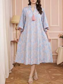 Solessence Vestido tradicional elegante de mujer árabe con bordado, JALABIA con cinturón con flecos, manga acampanada, escote en V, estilo nuevo 2026 para el Ramadán - Celeste - Ver 2