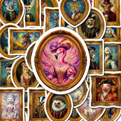 50 PCS Vintage Royal Animal Portrait Stickers, Classic Renaissance Style Animal Art Decals For Water Bottles, Laptops, Journals, Scrapbooks, Phone Cases, Stationery, Perfect For Animal Lovers, Artists, And Home Decor Enthusiasts, Waterproof Vinyl Stickers For DIY Crafts And Personalization