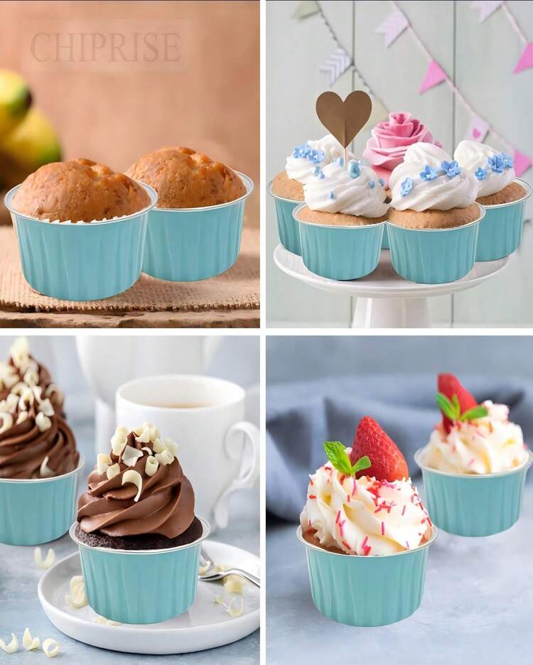 CHIPRISE 100-Piece Set (50 Cups + 50 Lids) Mini Cheesecake Containers With Lids, Paper Cupcake Liners, Disposable Aluminum Foil Cream Pudding Pots, Mini Pie Pans With Lids - Ideal For Puddings, Custards, Mini Cakes, And Other Desserts. Perfect For Parties, Weddings, Outdoor Events, And Holidays Like Christmas And Halloween. - Màu xanh nhạt - Xem 3