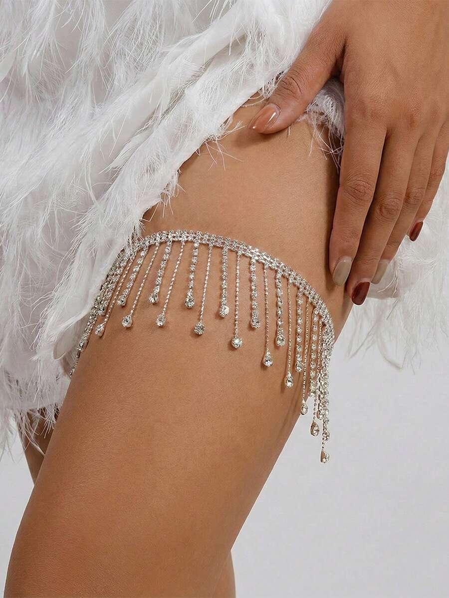 Sexy Rhinestone Tassel Leg Chain, Elastic Thigh Chain, Elegant Personalized Party Accessory, European And American Jewelry, Sexy Garter Belt, Bridal Tassel - White - View 1