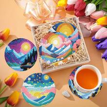 8件套太阳钻石画杯垫套装，圆形闪亮钻石表面，强力背胶，工具齐全，适合初学者，减压手工，新年、情人节、圣诞节、教师节礼物，家居装饰杯垫，送给家人、朋友、女朋友、老师 - 彩色 - 查看 5