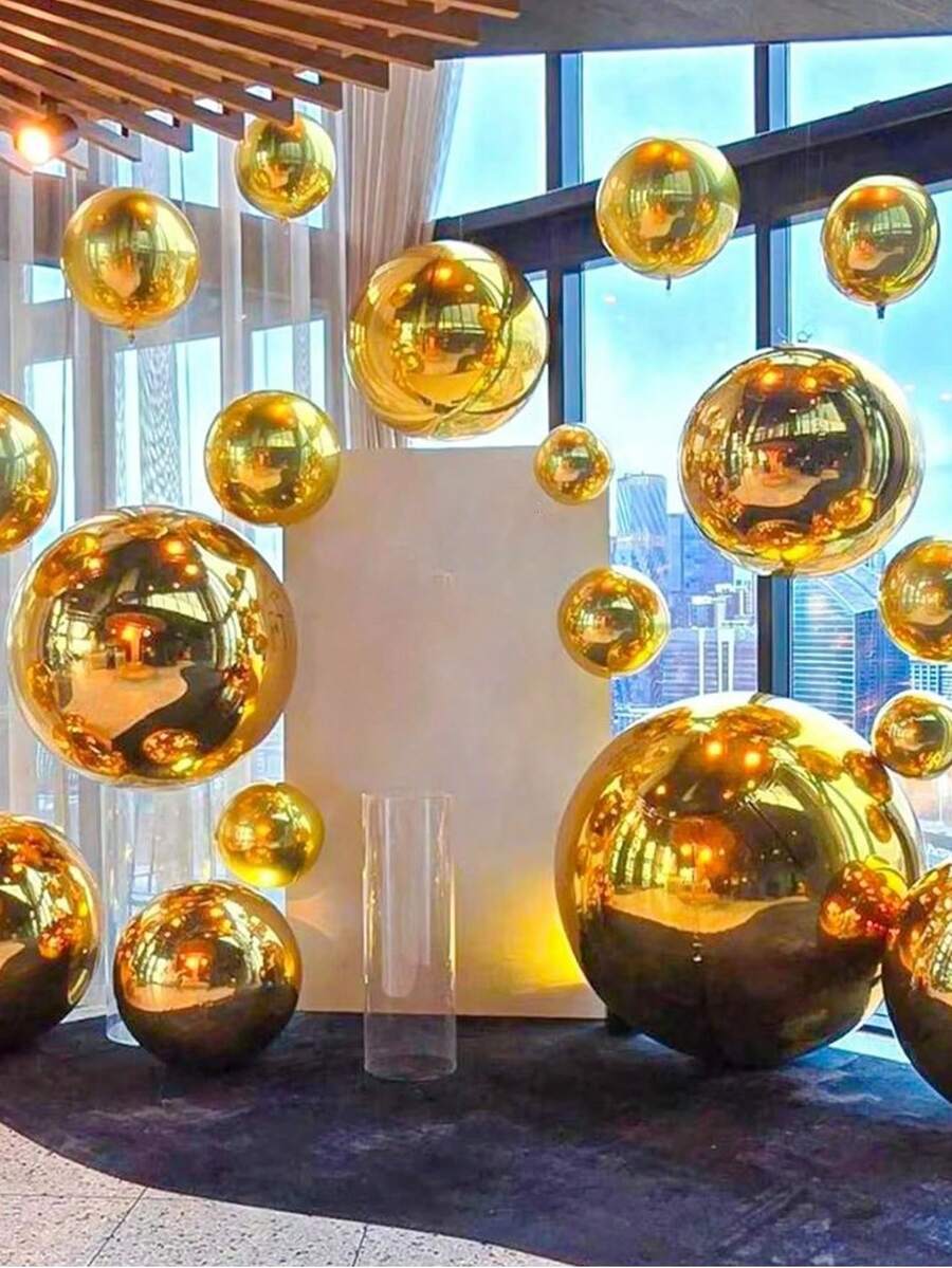 5 piezas de globos metálicos de 10 pulgadas, 18 pulgadas, 22 pulgadas, globos redondos 4D dorados adecuados para fiesta de cumpleaños, aniversario, baby shower, evento, decoración de fiesta de graduación - Dorado - Ver 1