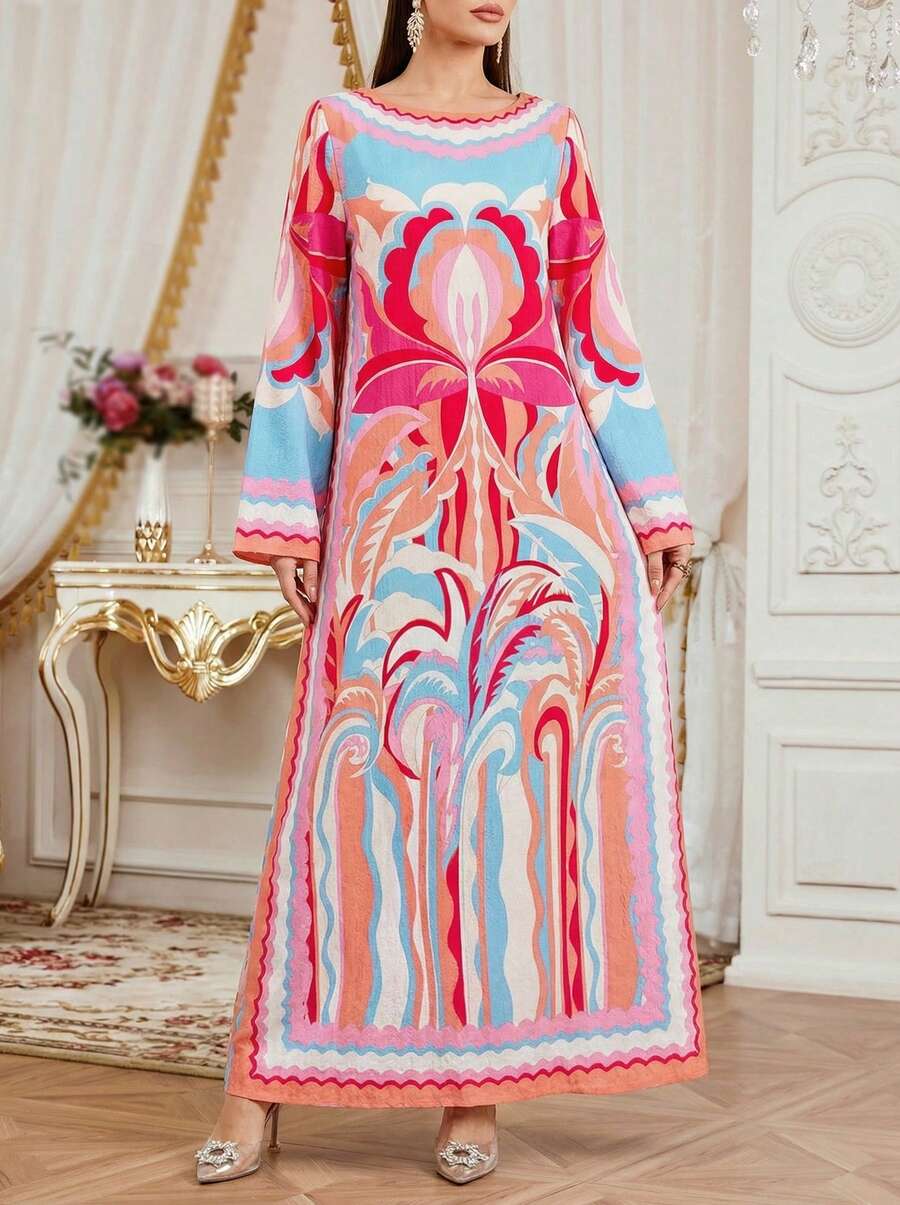 Solessence 1 pieza Bata larga de manga larga de ajuste holgado para mujer, elegante y casual, estilo resort, abaya, ropa árabe tradicional, adecuada para festivales, eventos formales y fiestas - Rosa - Ver 1