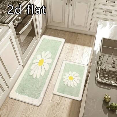 1pc/2pcs/3pcs Super Soft Daisy Pattern Non-Slip Absorbent Foldable Kitchen Mat, Suitable For Bathroom, Laundry Room, Living Room, Machine Washable, Decorative Light Green Carpet With White Flower Pattern, Kitchen, Living Room, Laundry Room, Bathroom Absorbent Floor Mat, Faux Wool